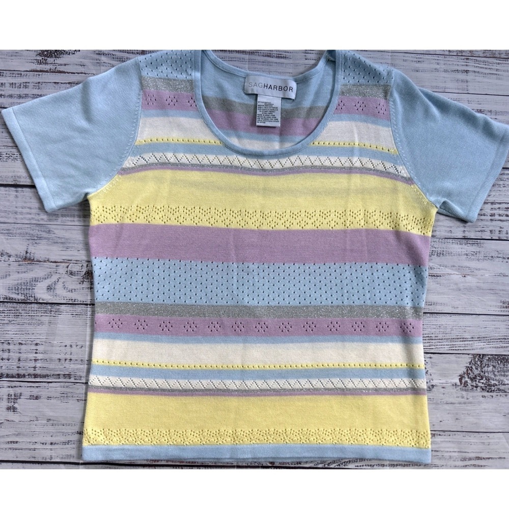 Sag Harbor Knit Top Women Pastel Striped Pointelle Metallic Short Sleeve Size M